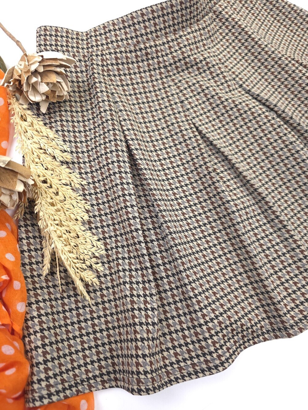 Cato Houndstooth Circle Skirt in Beige and Brown Houndstooth Sz M